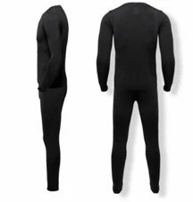Black Men's Winter Ski Ultra-Soft Fleece Thermal Top Bottom Long Johns Pant Set