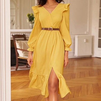2026 V-neck High-waist Long Sleeve Backless A-line Yellow Dress - Image 1 of 4