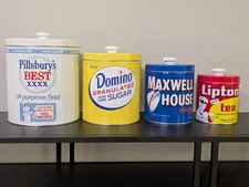 J.L. Clark Vintage Canister Set NEW Pillsbury, Domino, Maxwell House, Lipton