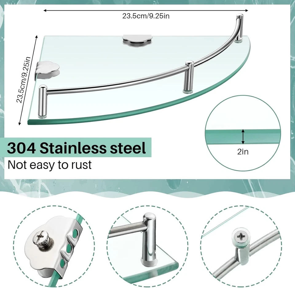 Estante de ducha de esquina de 2 piezas estante de esquina de vidrio de 2 niveles montado en la pared de acero inoxidable Foto 2 de 2