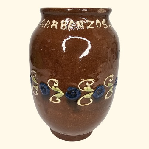 Hand-Made Vintage Garbanzos Storage Jar Rustic Brown Blue Farmhouse Canister - Picture 2 of 10