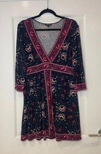 Warehouse Floral Mini Dress 14 Navy Boho Print V Neck Stretch