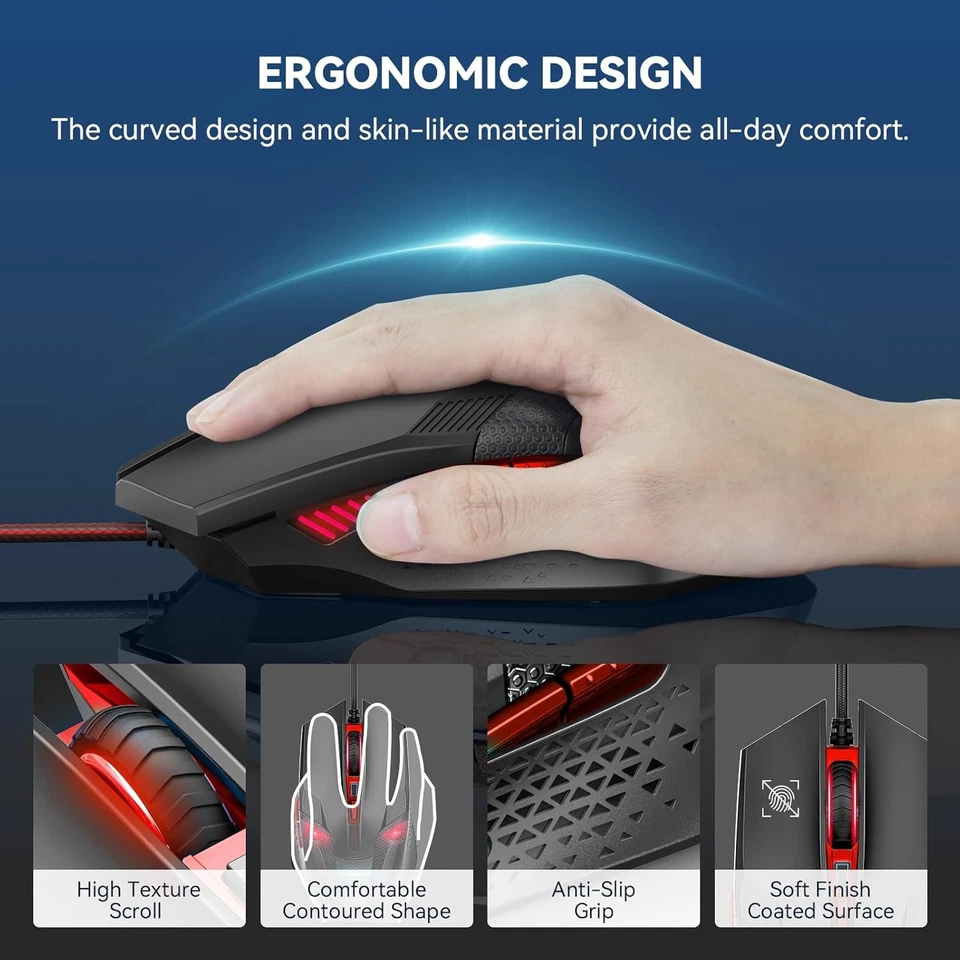 TECKNET Ratón para Juegos con Cable, 8000 DPI Sensor Óptico Ajustable USB Rojo  Foto 3 de 4