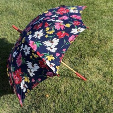 Vintage Navy Blue Floral Umbrella   Red HANDLE  TIP 39  Diameter   Excellent