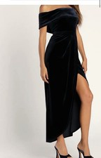 Lulus I'm Enchanted Navy Blue Velvet Off-the-Shoulder Maxi Dress Sz L NWOT