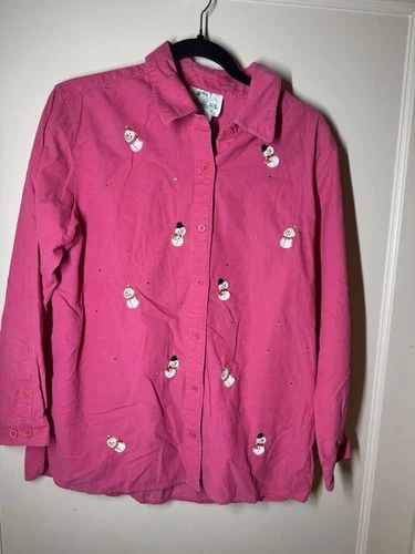 Vtg Pink Corduroy Snowman Embroidered Button Up Shirt Quacker Factory Sz small