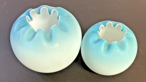 2 Fenton Satin Glass Rose Bowl Blue Ombre Crimped Edge