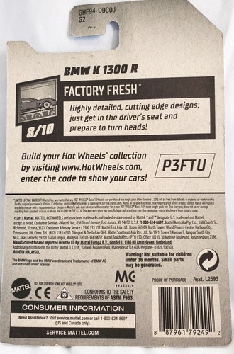 Hot Wheels FACTORY FRESH BMW K1300R Motorcycle 65/250 Mattel Sealed Package 2017 - Picture 2 of 4