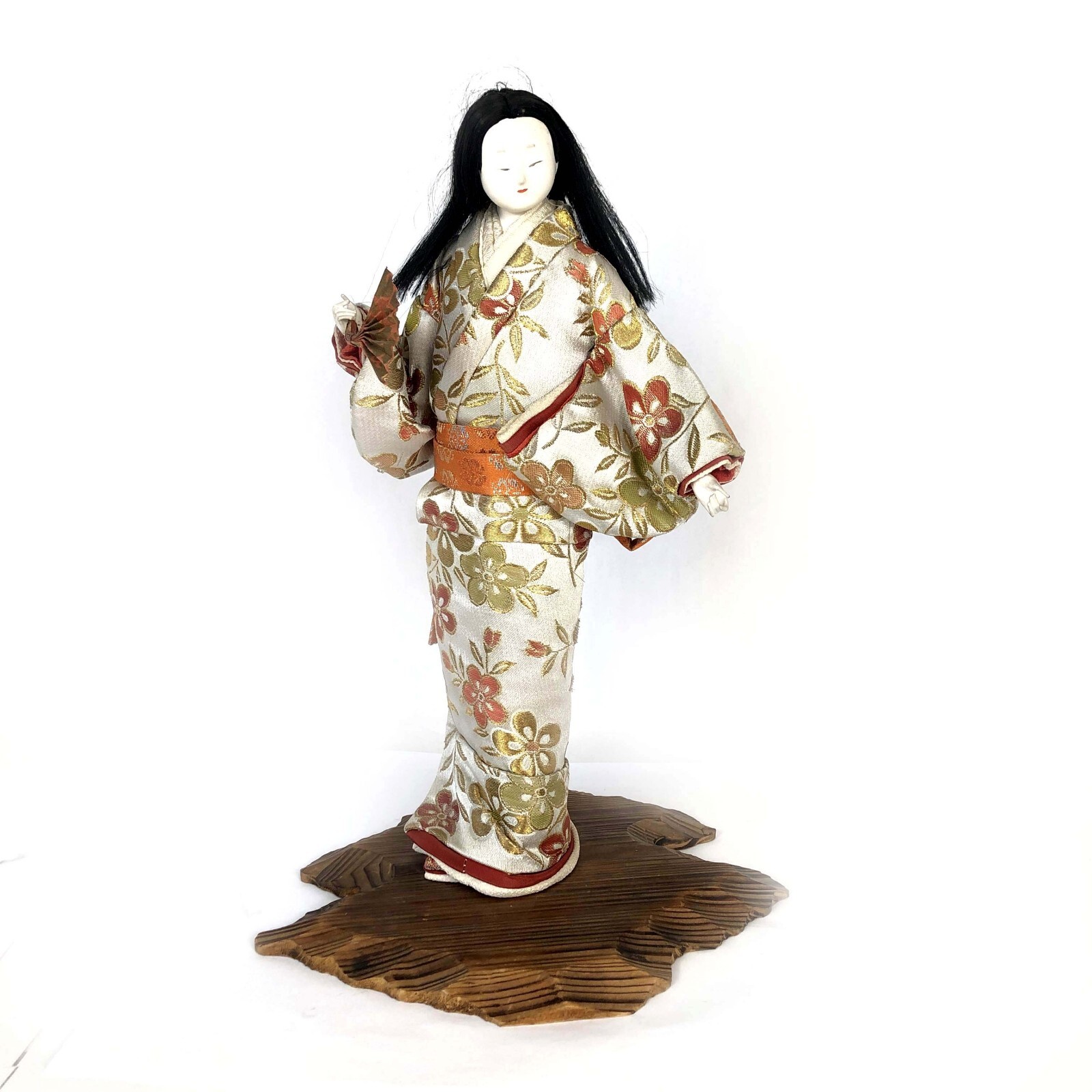 Japanische Geisha Puppe Volkskunst handbemalt Gofun entspannt Seide Kimono 12 Zoll