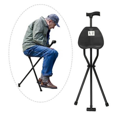 Folding Walking Cane with Tripod Chair Seat Stool Heavy Duty Adjustable Portable - Afbeelding 1 van 10