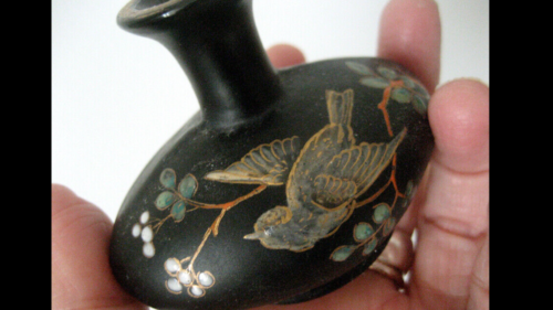 Antique Black Finish on Amethyst Glass with Enamel Bird HP Perfume Bottle - Picture 1 of 12