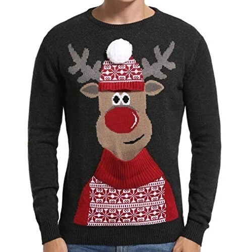 Men's Holiday Sweater Size XL Black Ugly Sweater Design Reindeer with Hat