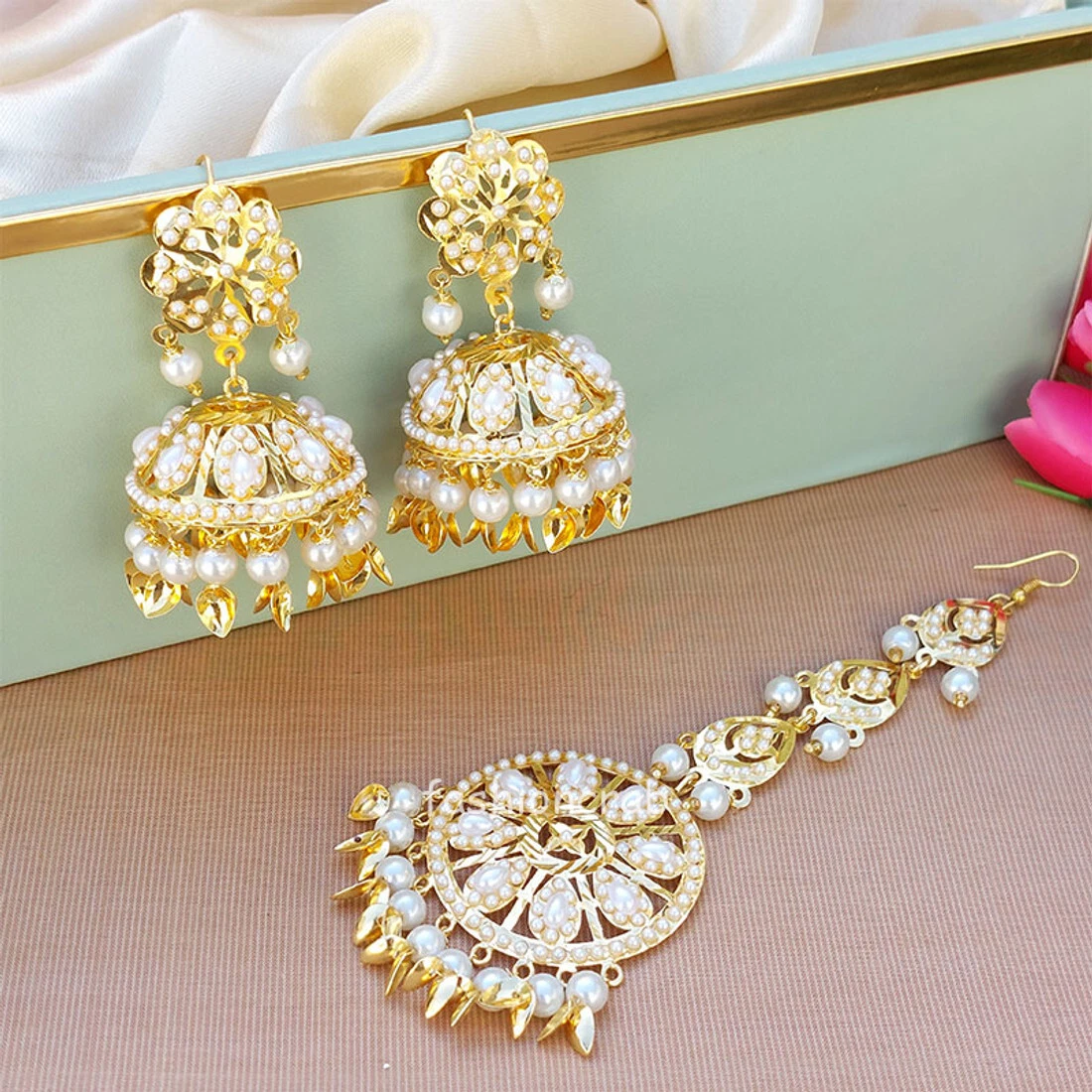 Yellow Pearl Long Chandbali Earring for Party by FashionCrab