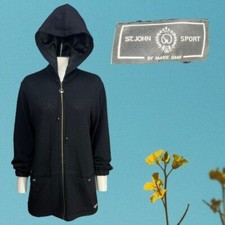 St John Sport By Marie Gray Black Santana Knit Hooded Zip Up Jacket Size P