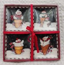 Susan Winget Snowman ICE CREAM CONE Christmas Mini Plates 4 Piece Gift Idea NEW