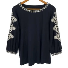 J.Jill Pure Jill Black Embroidered Boho Tunic Top 3/4 Sleeve Women's Medium EUC