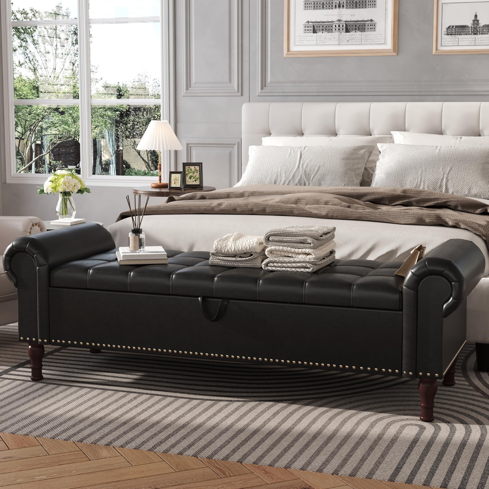 PU Leather Black Large 60 Inch Storage Bench For Bedroom End Of Bed Queen Size