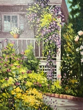 Vintage Original Oil Painting Landscape House Home Garden Flowers Floral Sobczyk