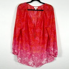 Charter Club Floral Paisley Sheer Long Sleeve Blouse Women's 1X Tie Neck Dip Dye