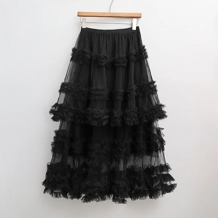 Vestido de hadas de malla empalme de encaje multicapa cintura alta color liso falda línea A Foto 4 de 4