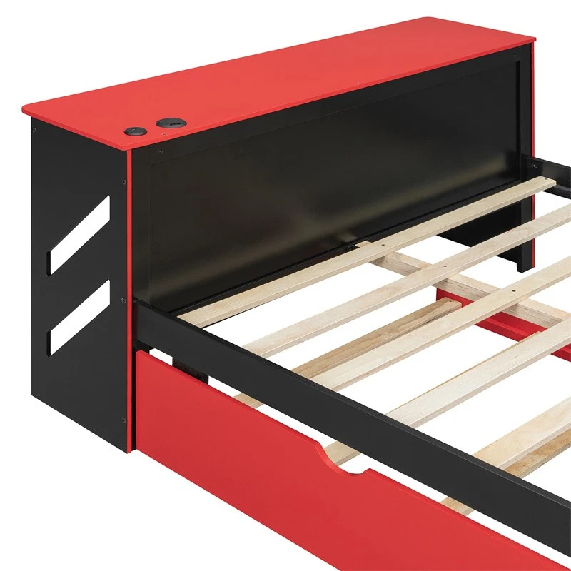 Полноразмерная деревянная шезлонг с раскладушкой двойного размера, столом и USB-портом, игровой стильный, красный - Изображение 4 из 4