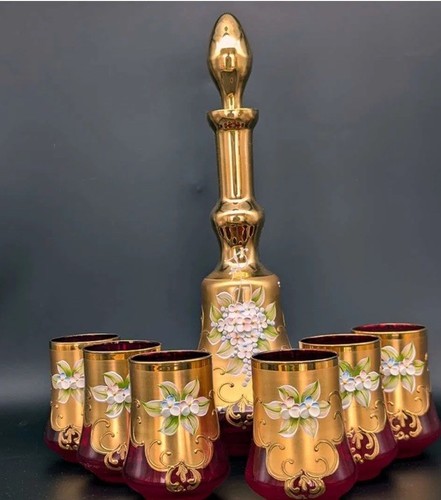 Signierte Murano Glas Karaffe Set mit sechs Gläsern 24K Blattgold - San Marco - Bild 2 von 20