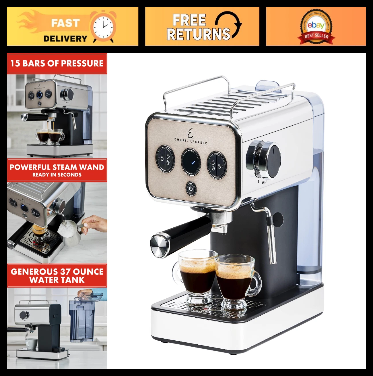 Semi-Automatic 15-Bar Espresso Machine with Milk Frother, Stainless Steel, 37oz