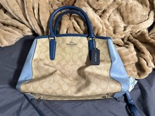 Coach Beige Blue Satchel Top Handle Bag with Matching Wallet, Detachable Strap