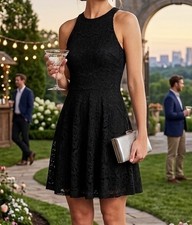 Sleeveless Fit & Flare Lace Overlay Little Black Dress Cocktail LBD XS Mossimo