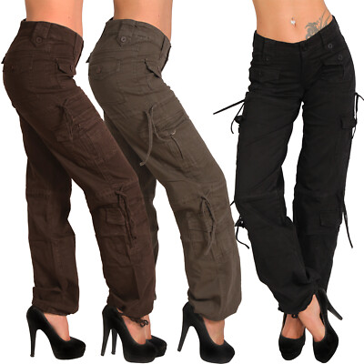 Hose Damen Cargo Gerades Bein große Taschen Bänder Hüfthose Knopf Army Schnürung