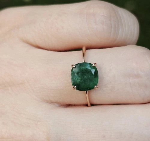 Beautiful Cushion Cut Emerald Ring 925 Silver Handmade Vintage Gold Dainty Ring