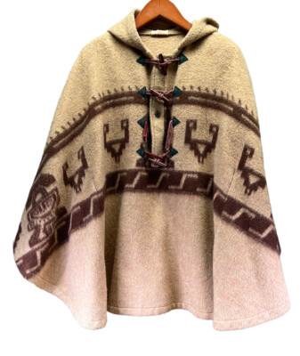 Vintage Poncho Sweater Coat Aztec Bohemian Southwestern Brown Linen Wool  Blend