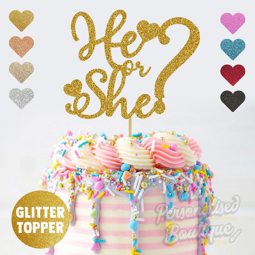 He Or She Baby Shower Gender Reveal Pregnancy Announcement Glitter Cake Topper Ebay