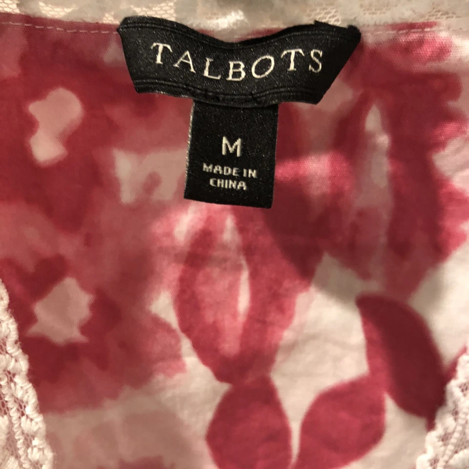Talbots Rosa Blanco Floral Manga 3/4 Bolsillos Envoltura Algodón Bata Encaje Ribete Mediano Foto 4 de 4