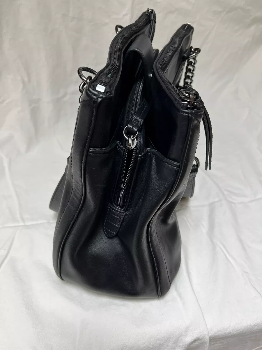 Simply Vera Vera Wang Handbag Leather Black 3 Zipper Compartments Chain On Strap