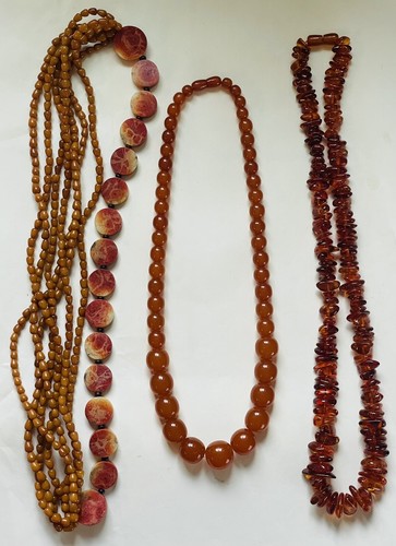 3 Vintage Necklaces- 28” Baltic Amber, 24” Butterscotch Amber, 30” Coral & Amber