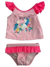 Infant Girls Ruffled Pink Unicorn 2 Pc Tankini Swimming  Bathing Suit