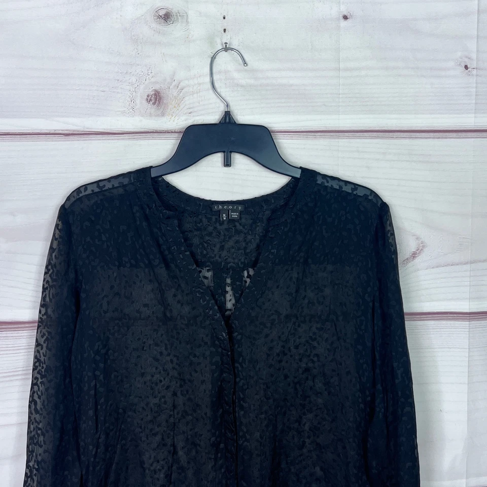 Theory Top Womens M Black Leopard Burnout Blouse Silk Blend Sheer Long Sleeve - Image 2 of 4