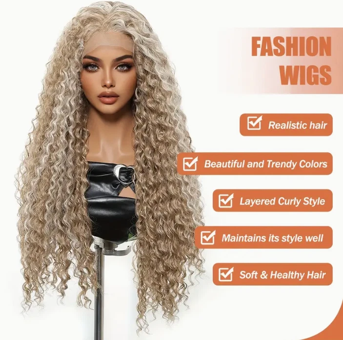 Peluca rizada de onda profunda rayada Ombre de 26 pulgadas con frente de encaje cabello de 80 densidades Foto 4 de 4