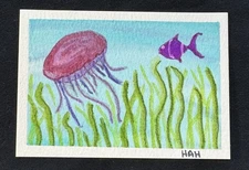ACEO Original Watercolor Mini Painting Of A Jellyfish In An Underwater Scene