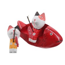  Wooden Cat Figurines, Cat Couple Fishing Statue for Home Ornaments, Wood Animal