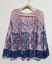 Cynthia Rowley Top Womens Large Pink Blue Paisley Floral Tassel Boho Peasant