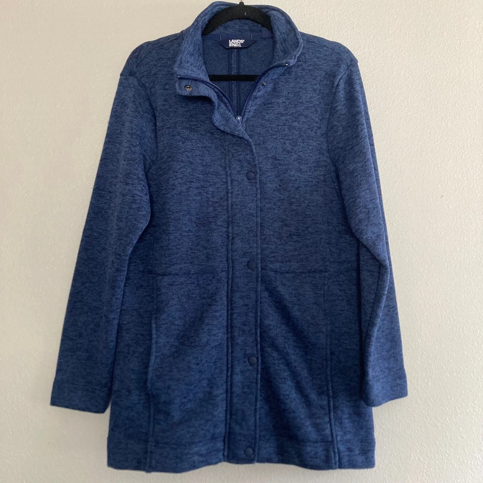 Lands End Jacket Womens M Longline Sweater Fleece Navy Heather Zip Up Classic - Image 2 of 4