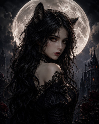 Gothic Cat Girl Canvas Wall Art Dark Fantasy Moon Portrait Vampire Castle Decor