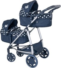 Twin Pushchair | Navy Polka Dot Double Pushchair | Double Dolls Pram with Adjus