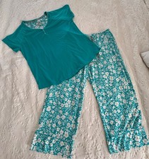 Muk Luks Short Slv Cropped Bottoms Pajama Set. Snag. Teal Blue  White. M