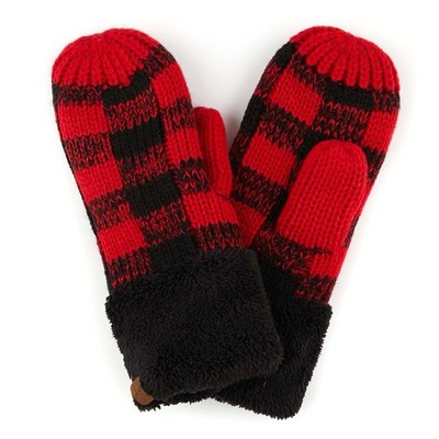 C.C Women's Winter Buffalo Check Plaid Lined Cable Chucky Knit Mitten Gloves