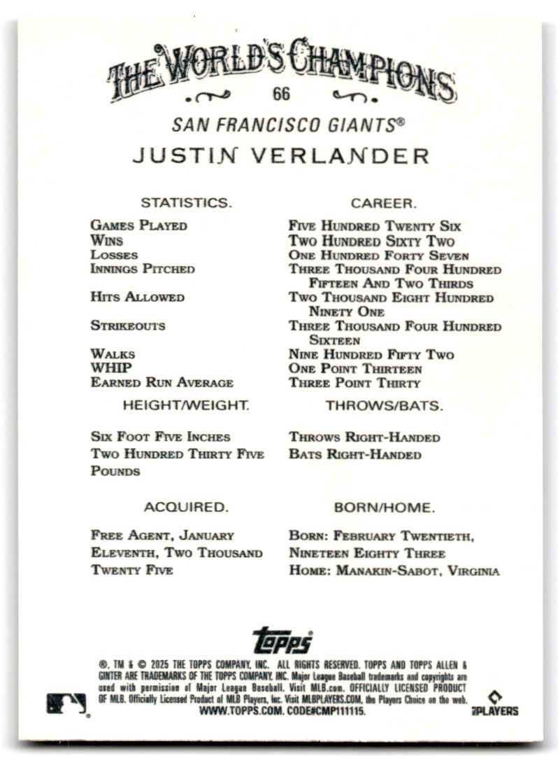 2025 Topps Allen & Ginter Justin Verlander San Francisco Giants