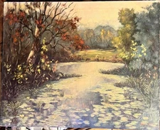 Vintage American Impressionist Oil Painting Art Trees Pond Water Lilies Gebhardt