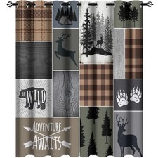 Retro Cabin Bear Deer Room Darkening Blackout Window Curtains with Grommets,C...